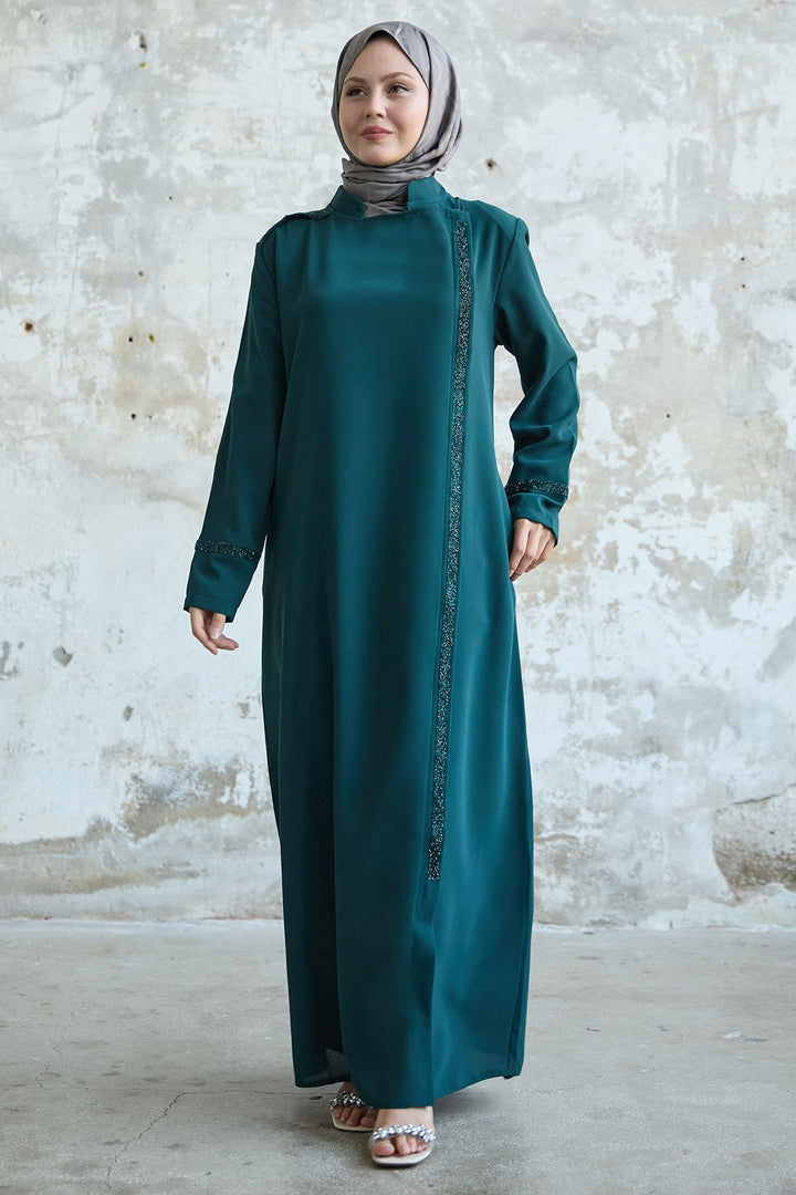 MDS Women Stone-embellished Petrol Abaya with Collar and Front Scarf - Plainfield