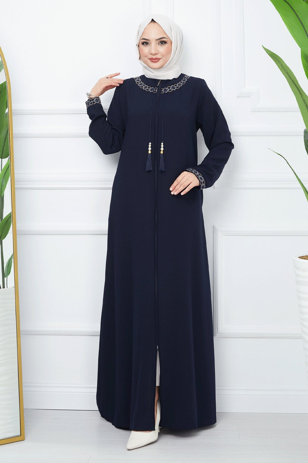 MDS Women Embroidered Pattern Honeycomb Fabric Abaya - Navy Blue - Waterbury