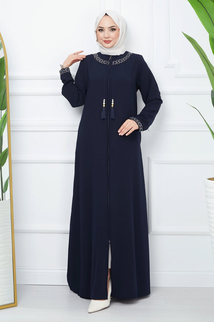 MDS Women Embroidered Pattern Honeycomb Fabric Abaya - Navy Blue - Waterbury