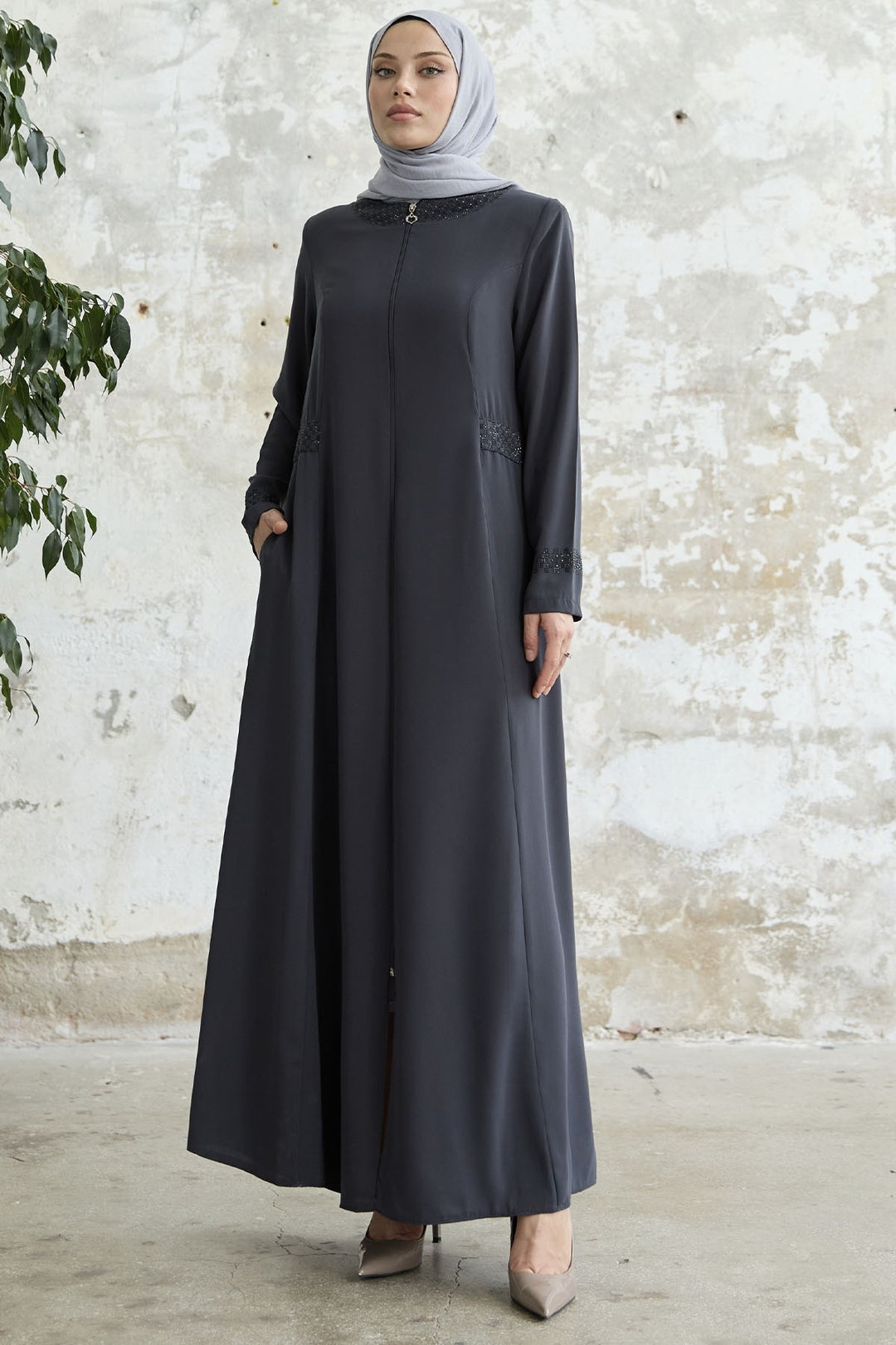 MDS Women Stone-embellished Abaya with Collar and Sleeves - Anthracite - Cedar City
