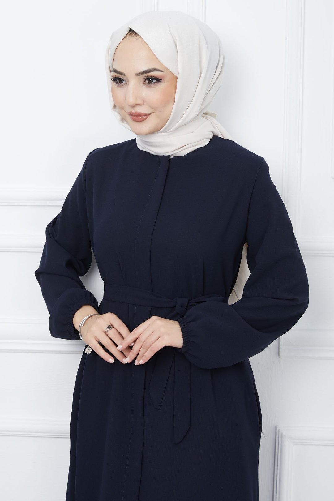 MDS Women Belted Honeycomb Fabric Abaya - Navy - Martinez
