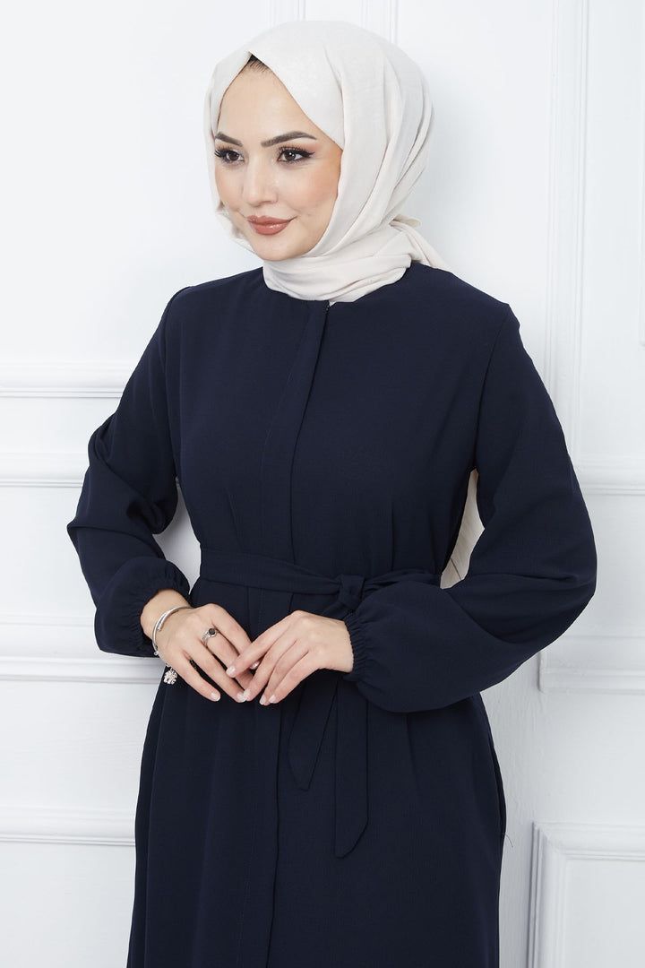 MDS Women Belted Honeycomb Fabric Abaya - Navy - Martinez