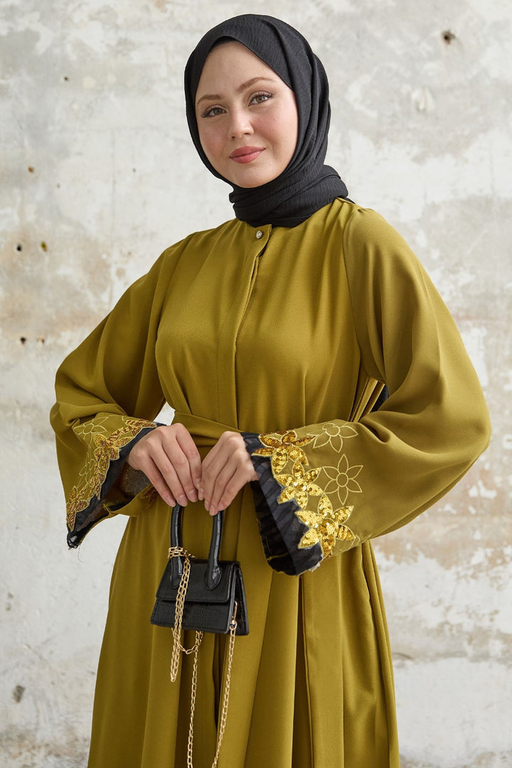 MDS Women Flower Stamp Detail Oil Green Abaya - Lompoc