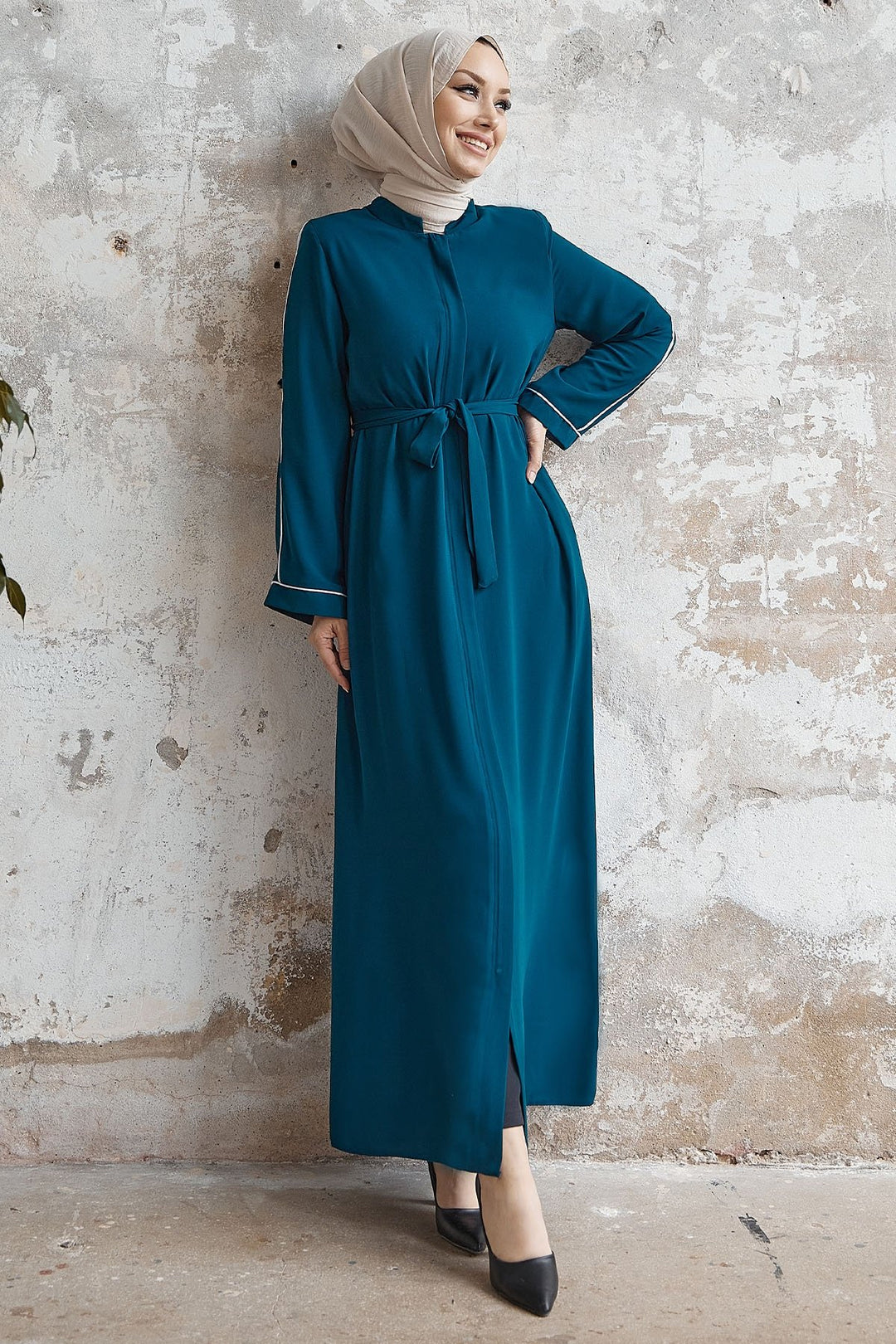 MDS Women Salvia Loose Sleeve Biye Patterned Abaya - Petrol Blue - Council Bluffs