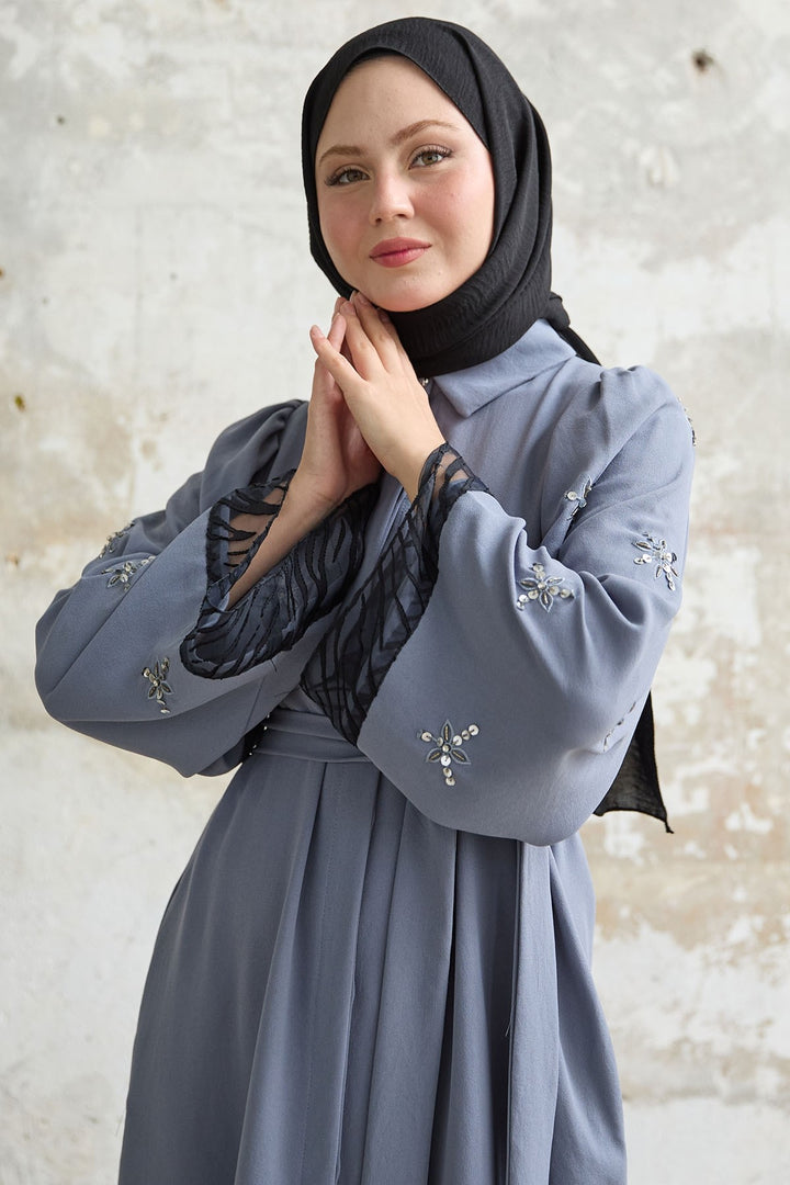 MDS Women Tulle Detail Sequined Gray Abaya - Köniz
