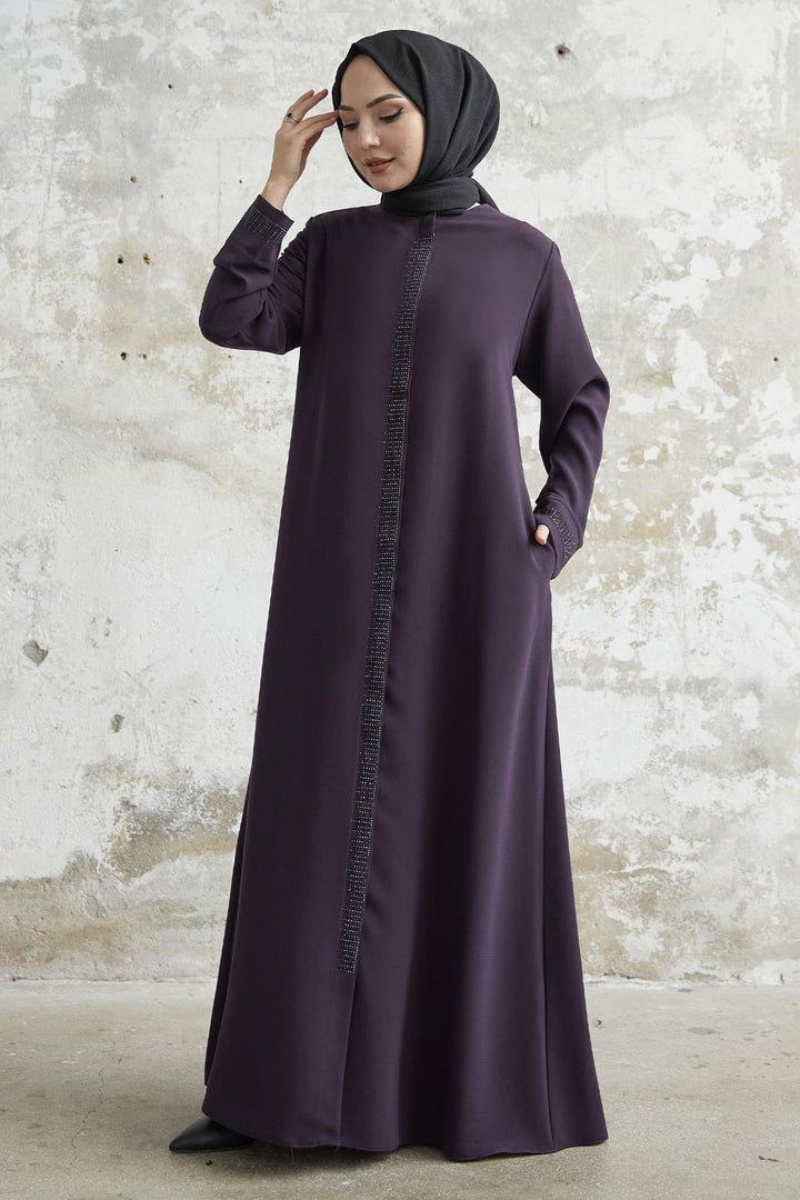 MDS Women Stone Robe Detailed Abaya - Purple - Great Yarmouth