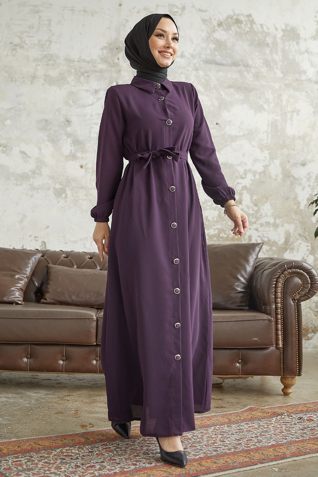 MDS Women Linny Buttoned Shirt Collar Abaya - Purple - Aranjuez