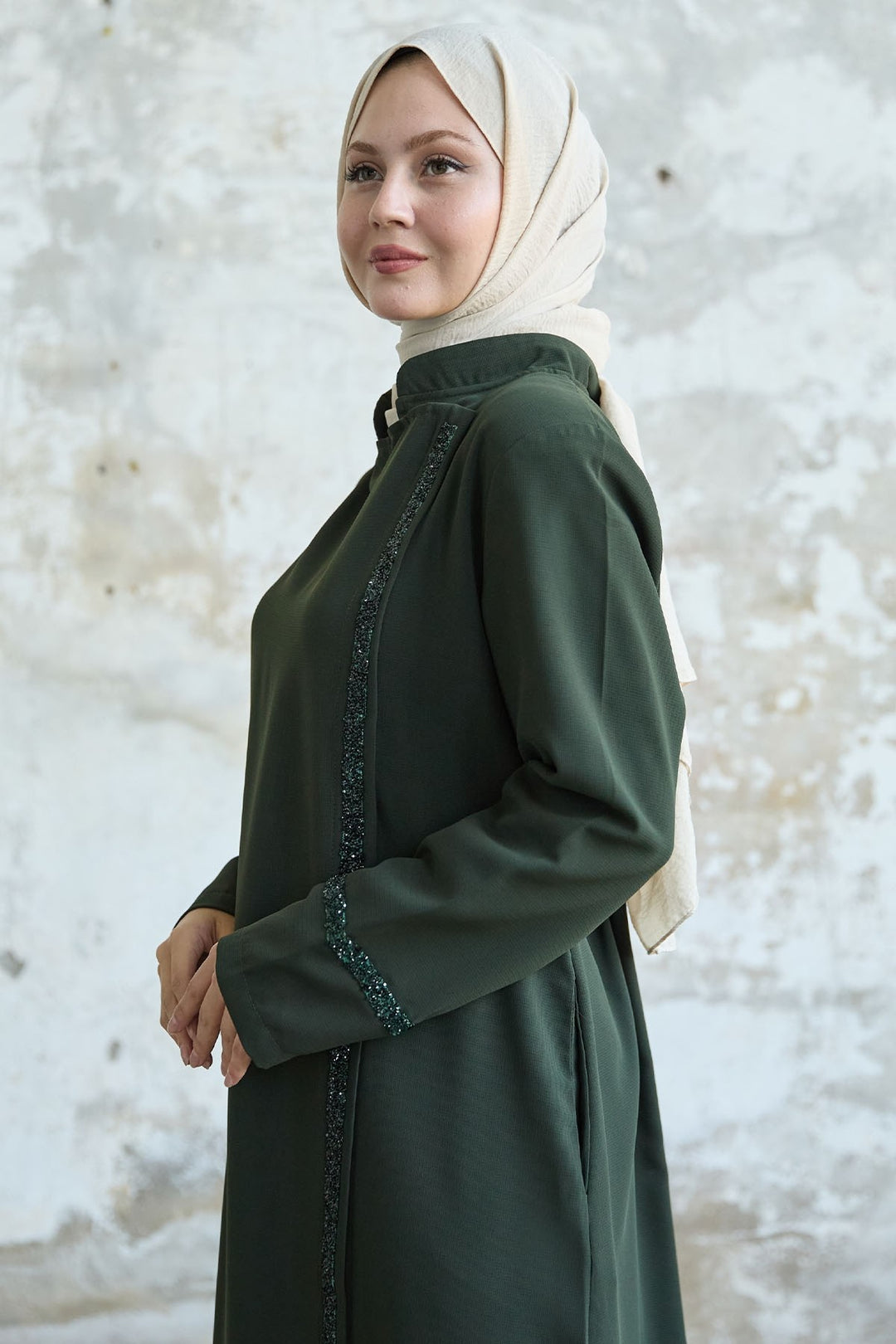 MDS Women Stone-embellished Khaki Abaya with Collar and Front Scarf - Inver Grove Heights