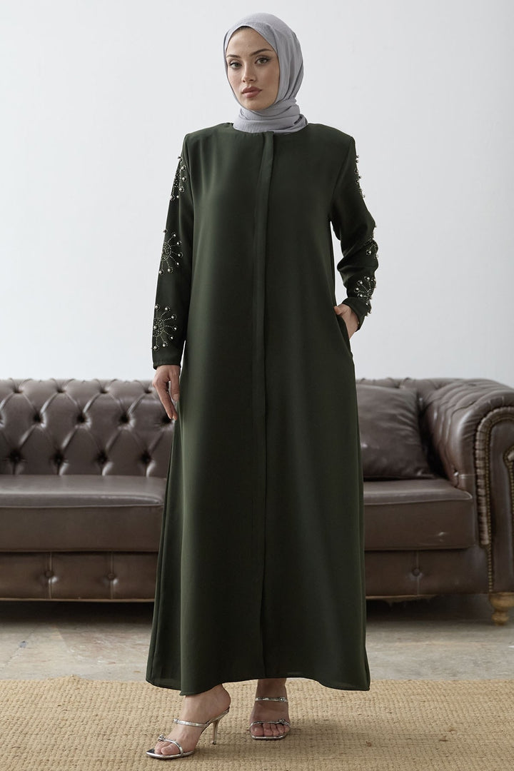 MDS Women Sleeves Pearl Stone Detail Abaya - Khaki - Coatzacoalcos