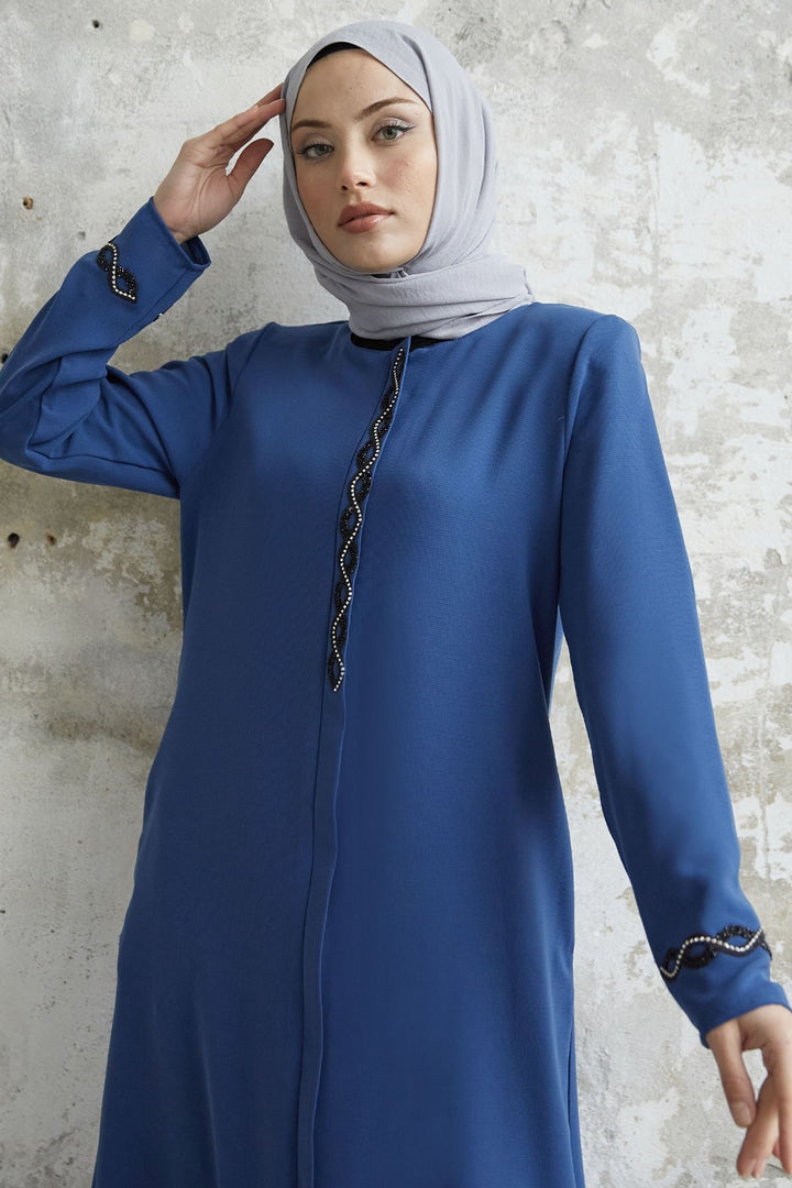 MDS Women Spiral Stone Detailed Honeycomb Abaya - Indigo - Wichita