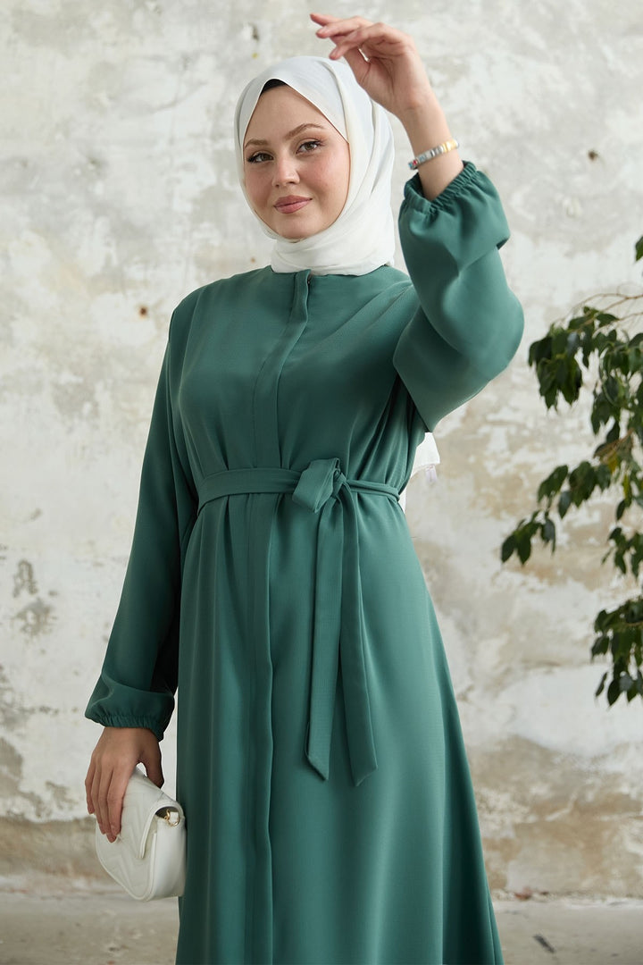 MDS Women Belted Honeycomb Fabric Green Abaya - Veghel
