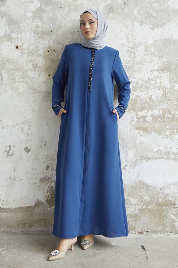 MDS Women Spiral Stone Detailed Honeycomb Abaya - Indigo - Wichita