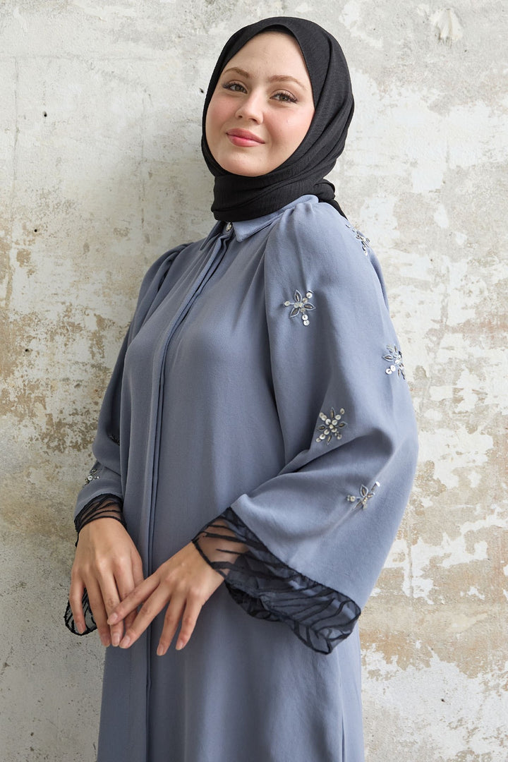 MDS Women Tulle Detail Sequined Gray Abaya - Köniz