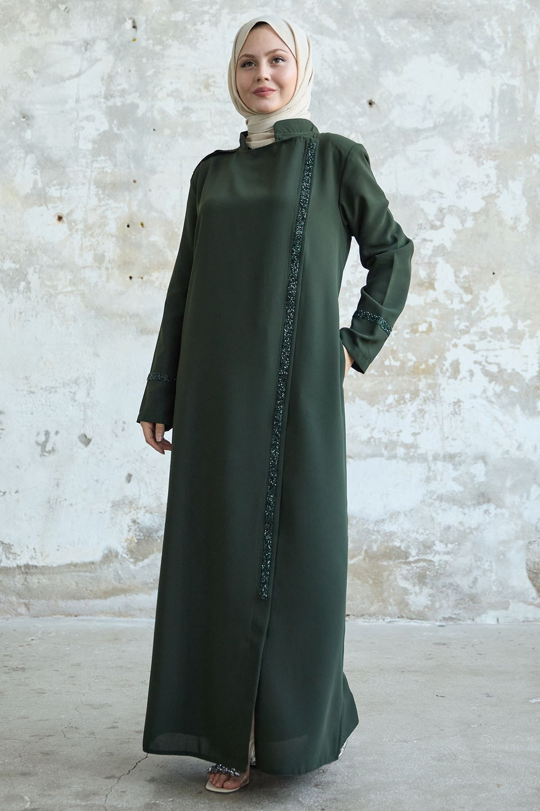 MDS Women Stone-embellished Khaki Abaya with Collar and Front Scarf - Inver Grove Heights