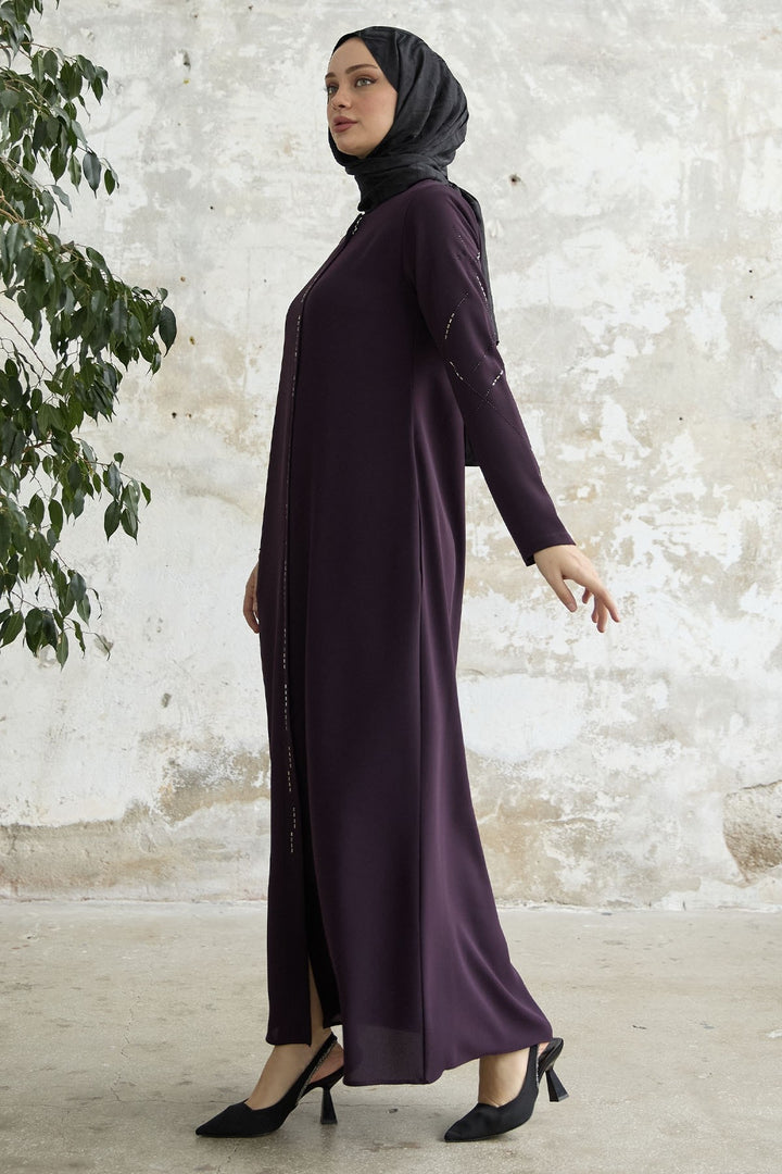 MDS Women Sequined Stone Embroidered Abaya - Purple - Marseille