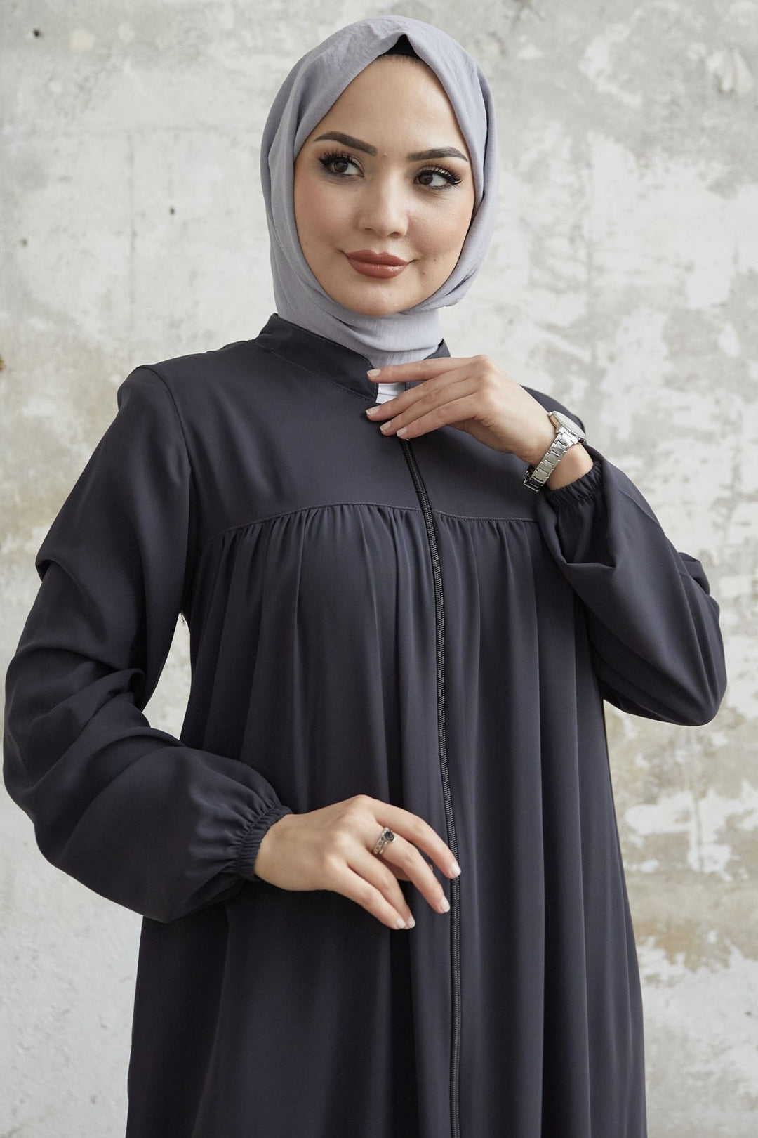 MDS Women Pleated Medina Silk Abaya - Anthracite - Caen