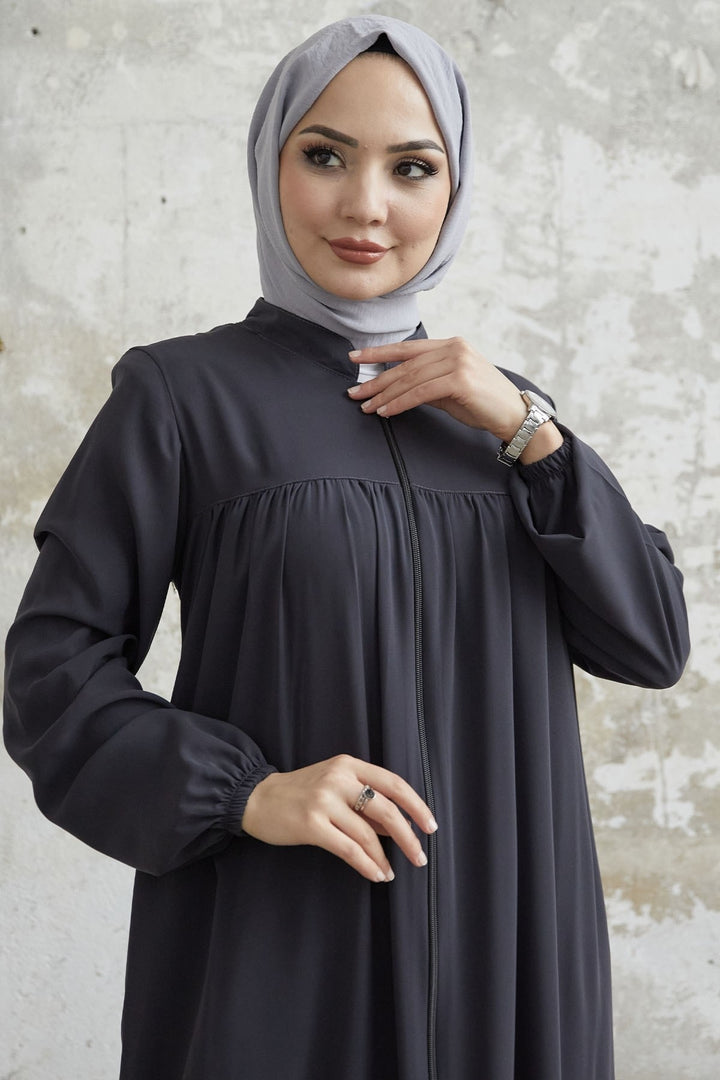 MDS Women Pleated Medina Silk Abaya - Anthracite - Caen