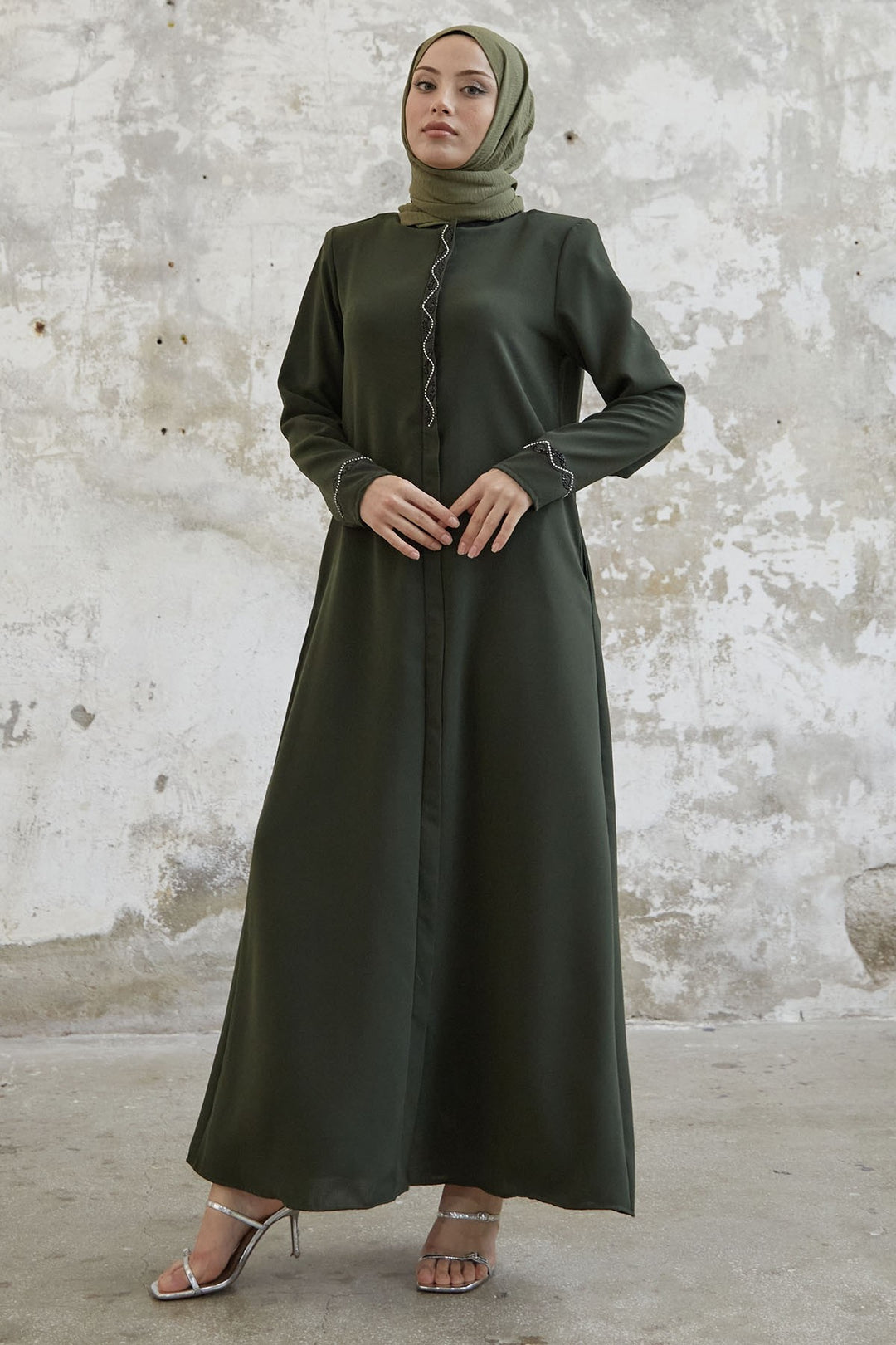 MDS Women Spiral Stone Detailed Honeycomb Abaya - Khaki - Huntsville