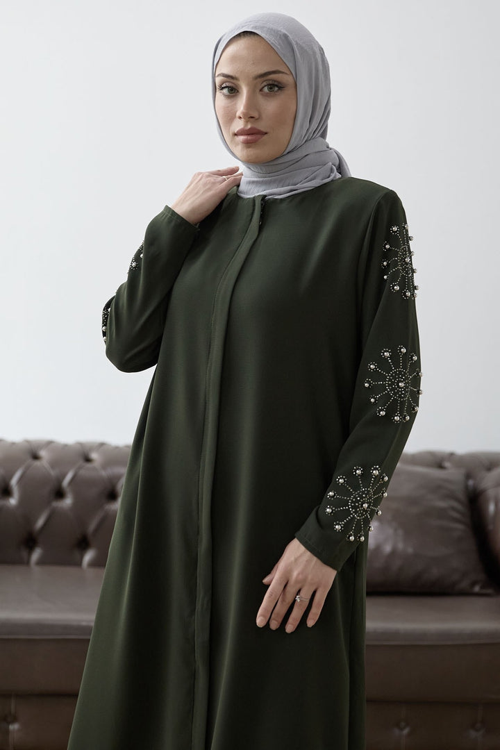 MDS Women Sleeves Pearl Stone Detail Abaya - Khaki - Coatzacoalcos
