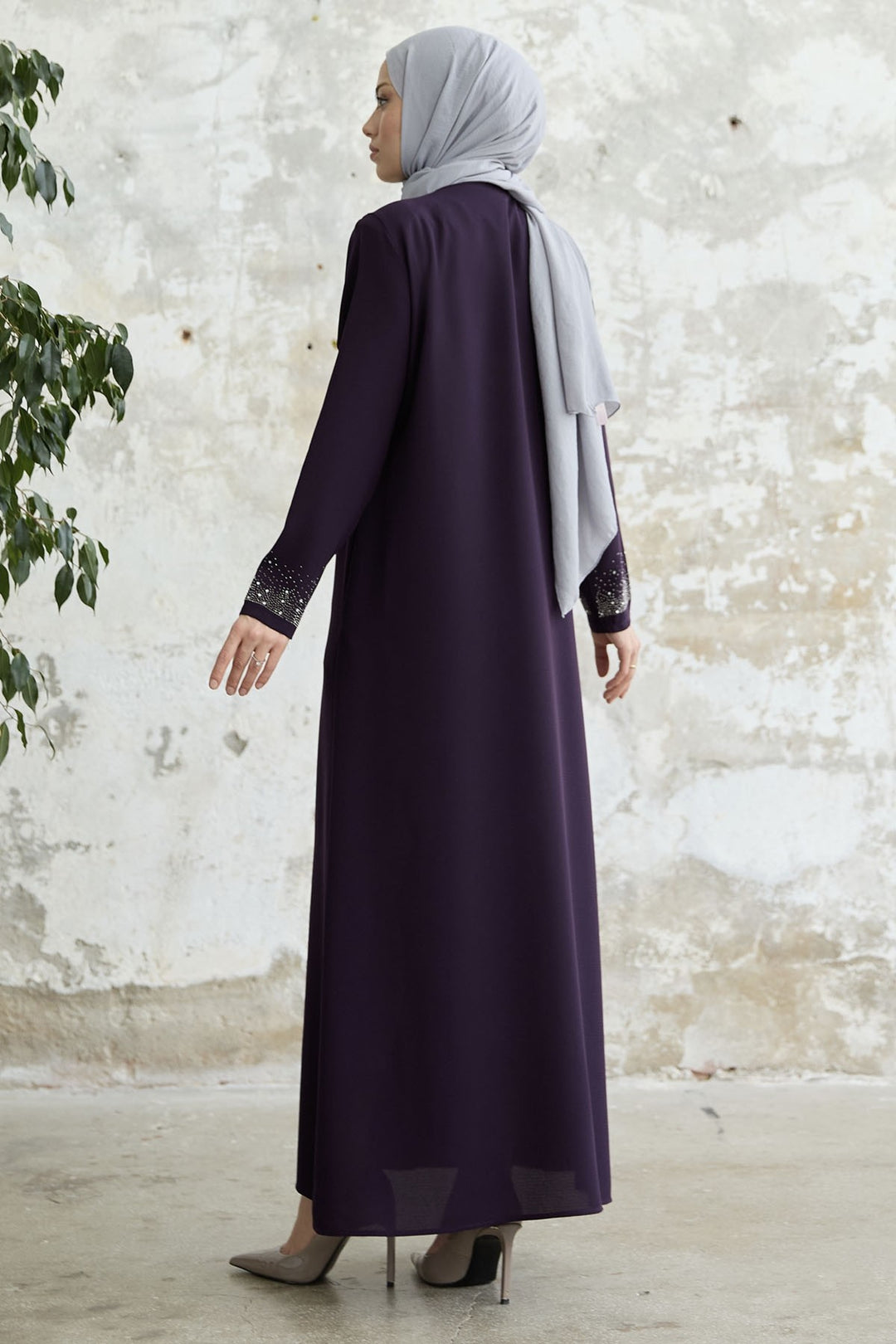 MDS Women Stone-embroidered Abaya with Right Side - Purple - Hickory