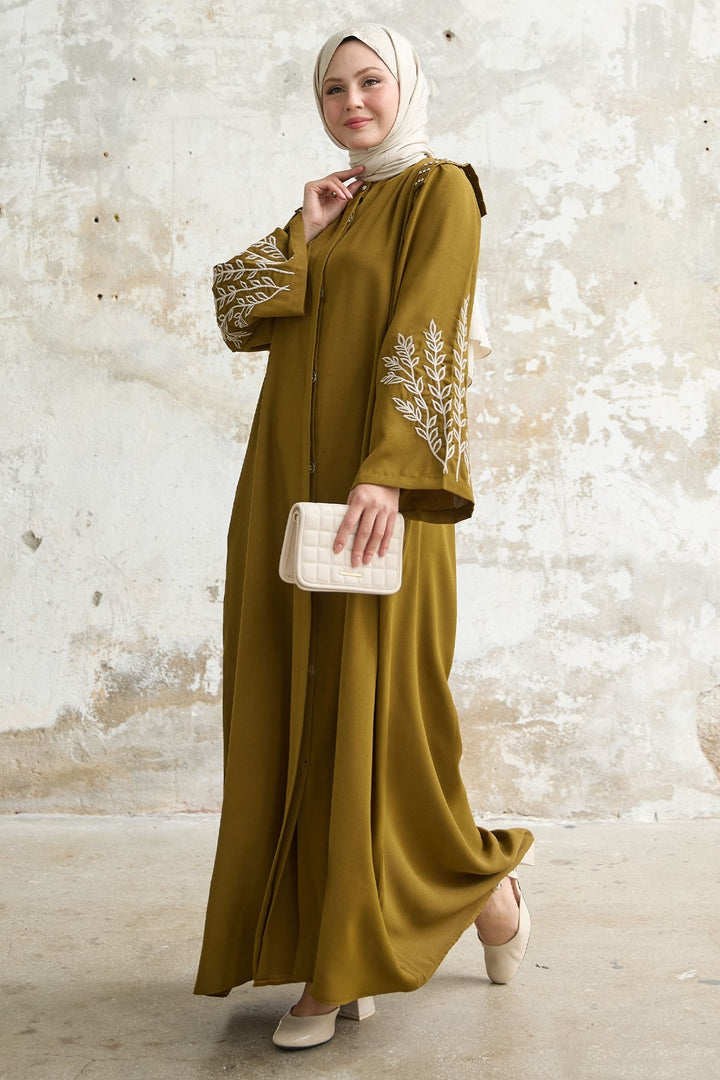 MDS Women Olive Green Abaya with Stone Embroidery on the Shoulder - Aguadilla