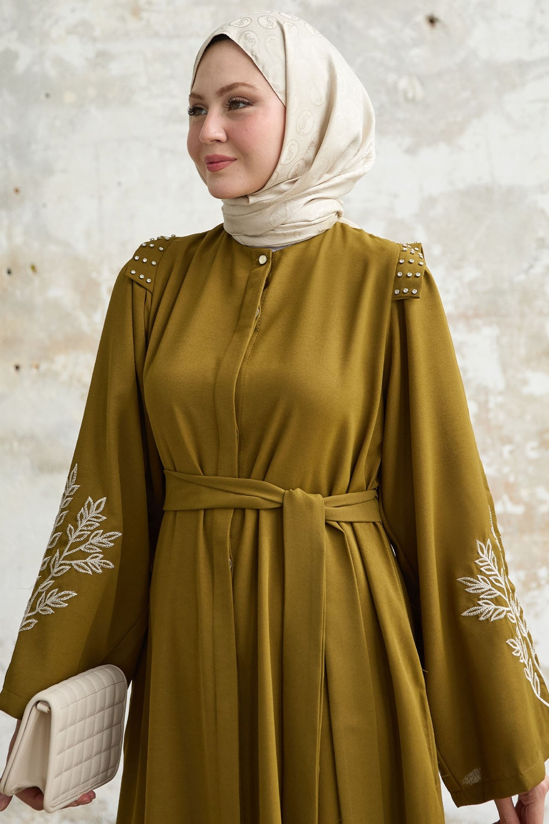 MDS Women Olive Green Abaya with Stone Embroidery on the Shoulder - Aguadilla