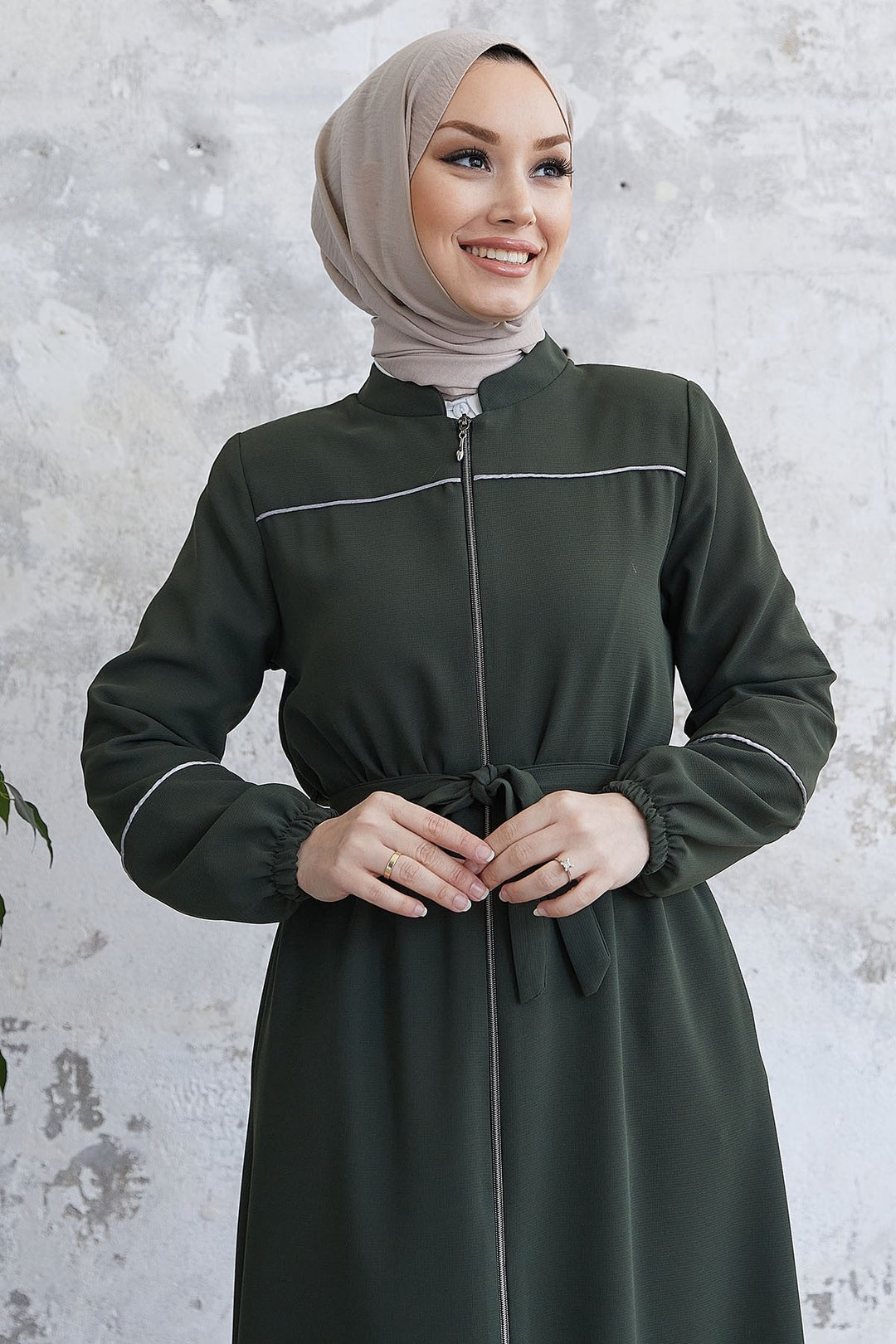 MDS Women Milena Belt Detail Belted Abaya - Khaki - West Babylon