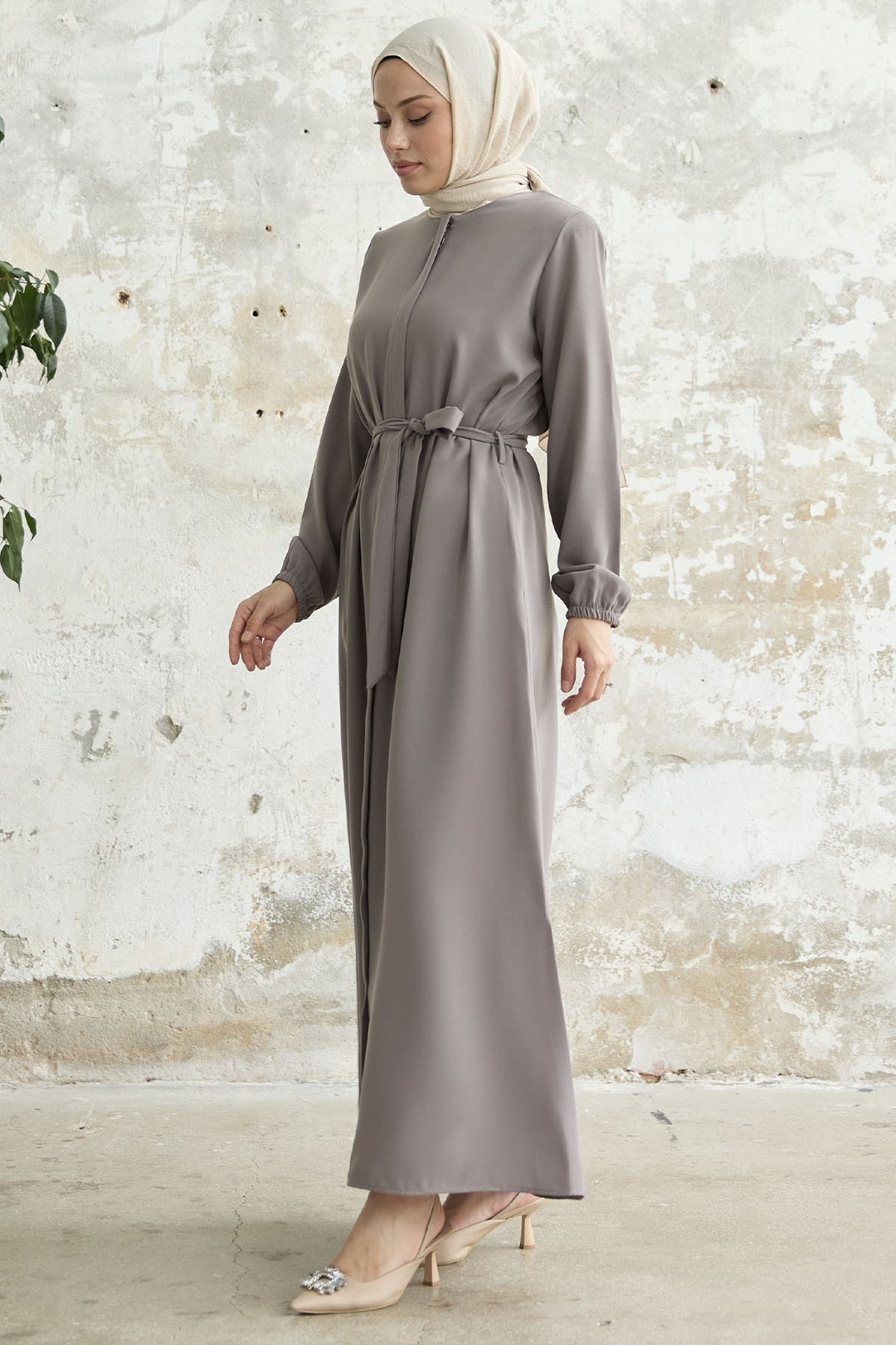 MDS Women Belted Honeycomb Fabric Abaya - Lilac - Bloomington