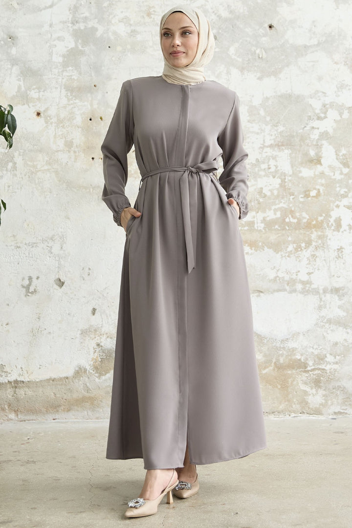 MDS Women Belted Honeycomb Fabric Abaya - Lilac - Bloomington