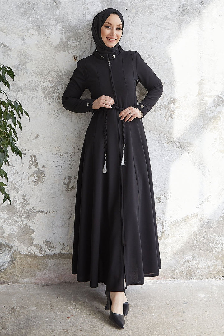 MDS Women Satin Collar Buttoned Belted Abaya - Black - Skelmersdale