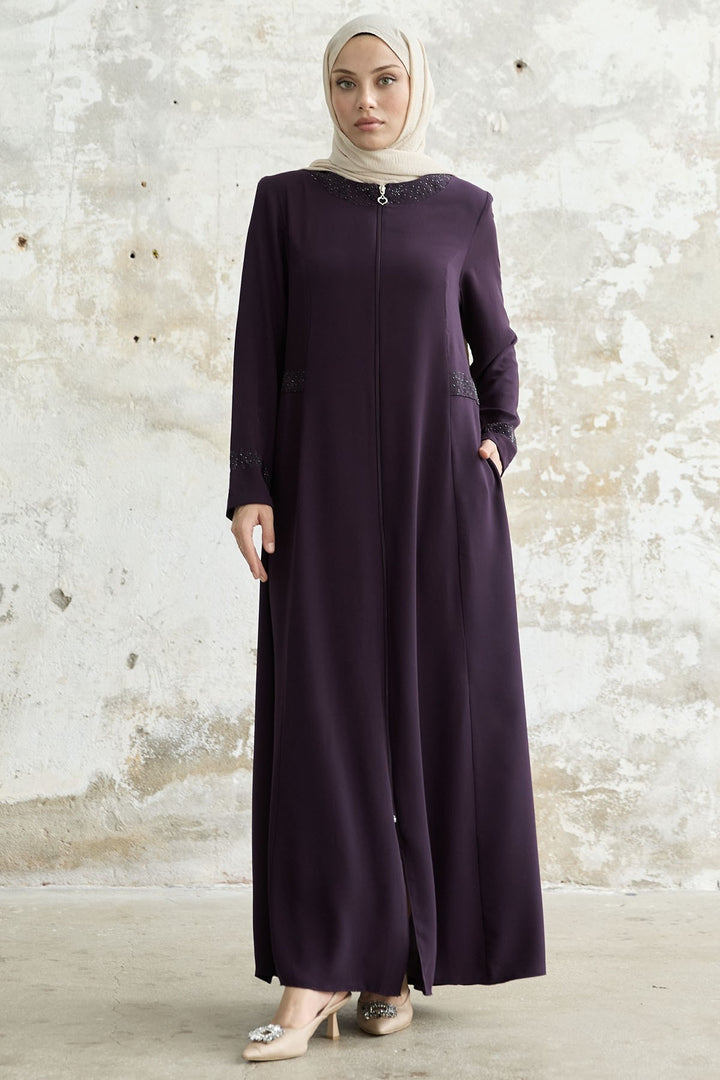 MDS Women Stone-embellished Abaya with Collar and Sleeves - Purple - Santa Cruz Xoxocotlán