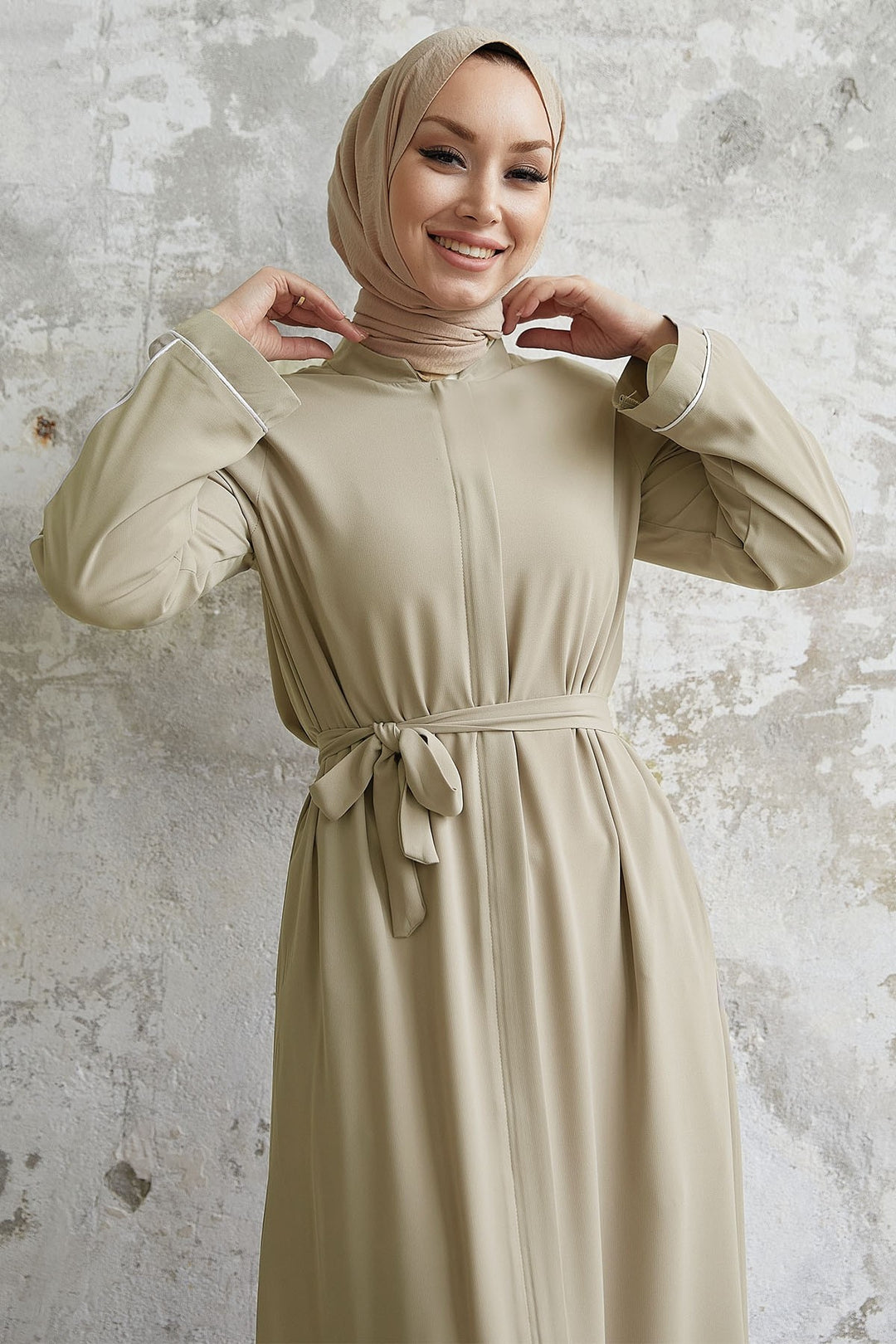 MDS Women Salvia Loose Sleeve Biye Patterned Abaya - Stone - Loreto