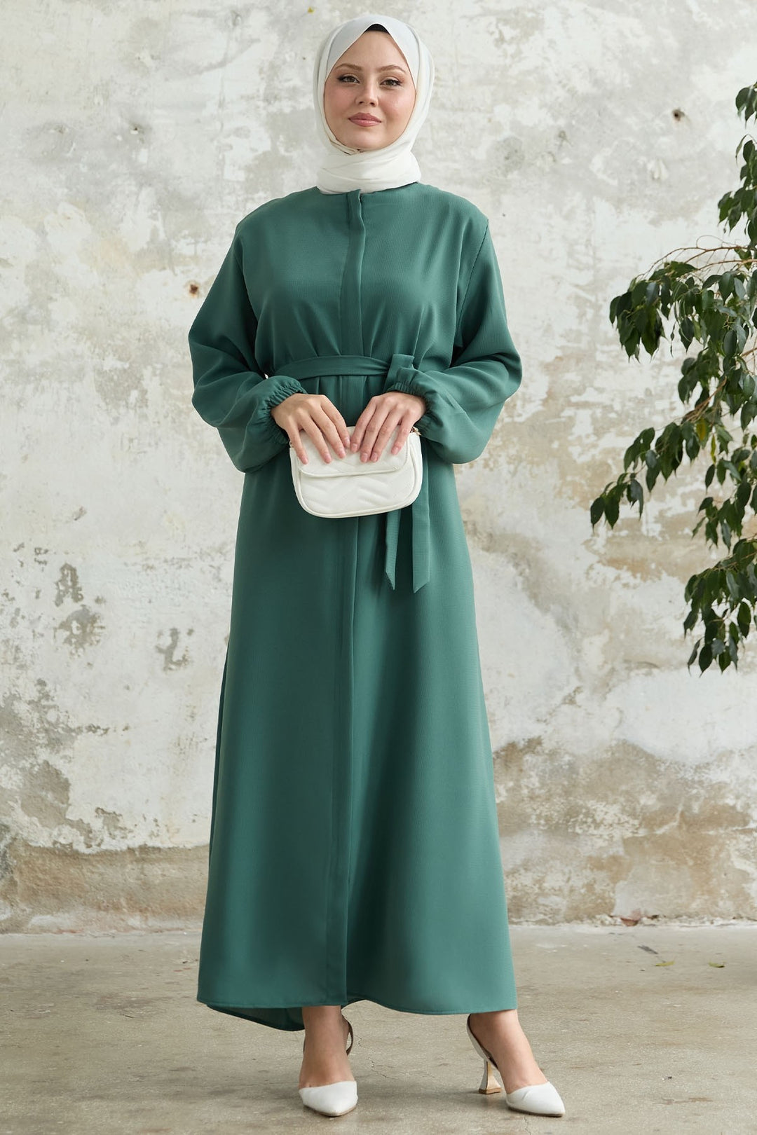 MDS Women Belted Honeycomb Fabric Green Abaya - Veghel