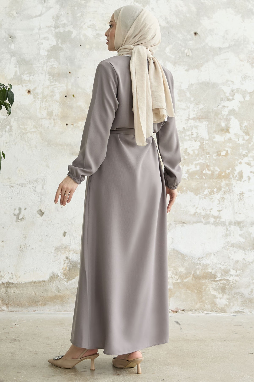 MDS Women Belted Honeycomb Fabric Abaya - Lilac - Bloomington