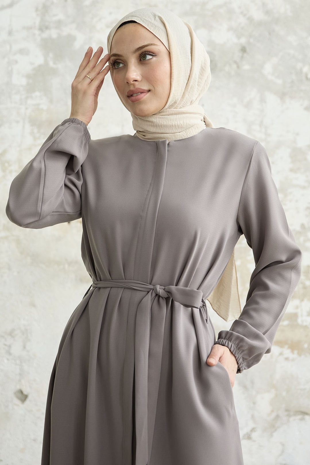 MDS Women Belted Honeycomb Fabric Abaya - Lilac - Bloomington