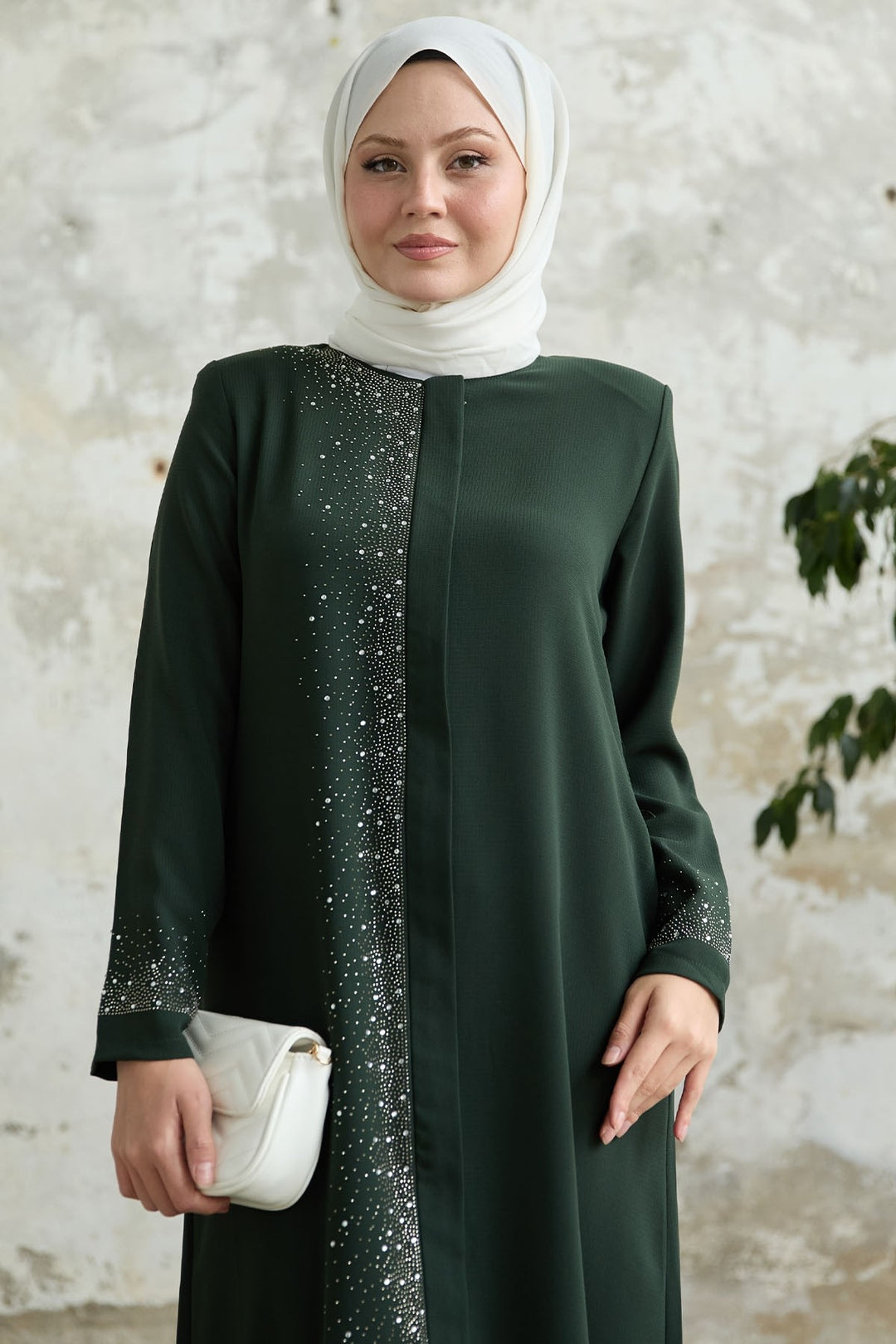 MDS Women Beige Abaya with Stone Embellishments on the Right Side - Pontiac