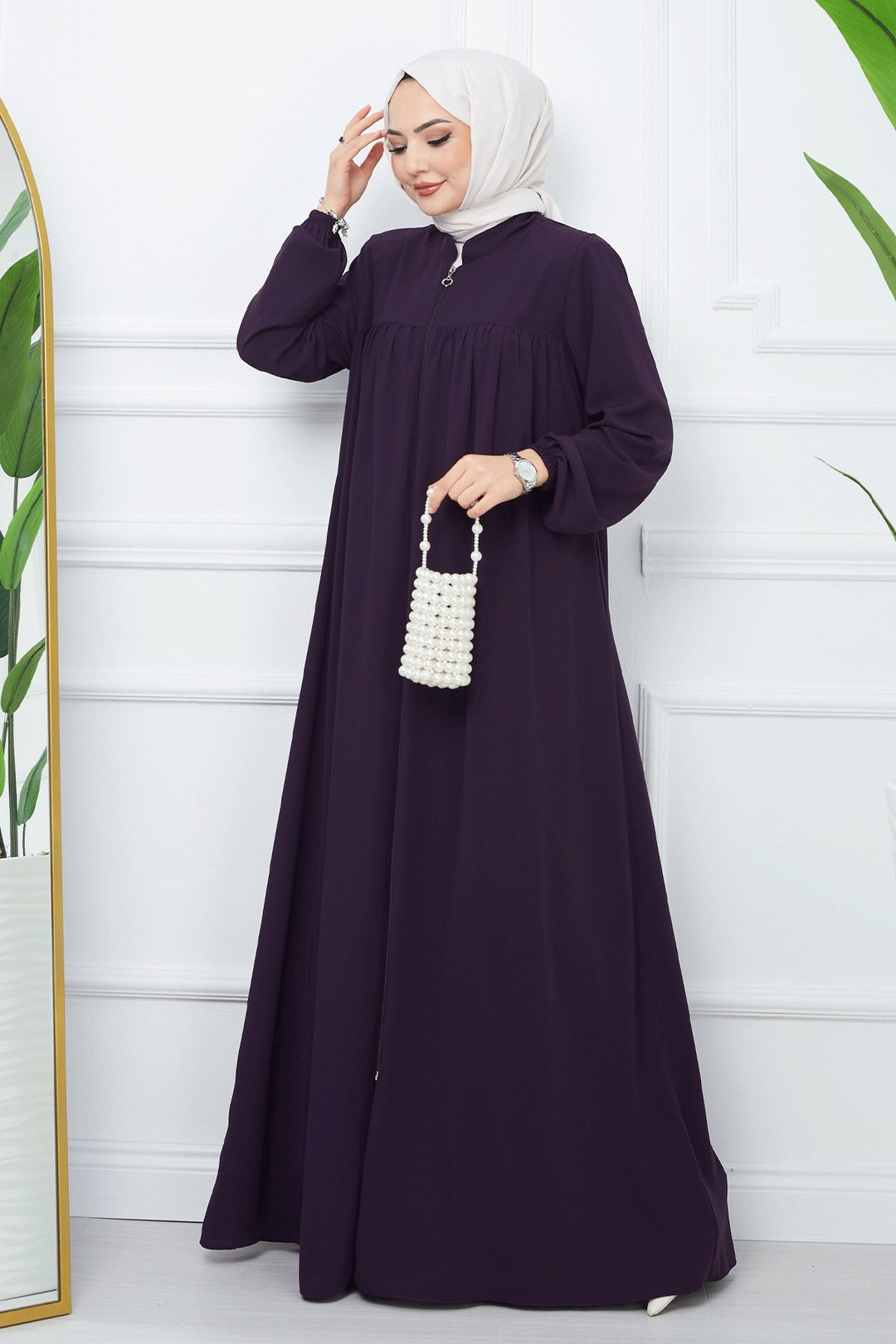 MDS Women Pleated Medina Silk Abaya - Purple - El Dorado
