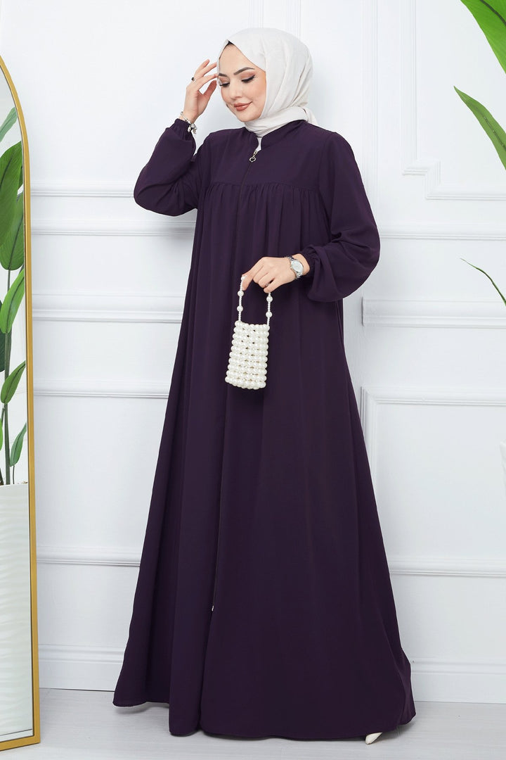 MDS Women Pleated Medina Silk Abaya - Purple - El Dorado