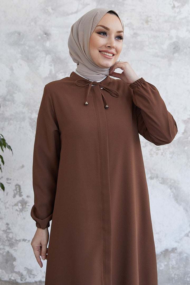 MDS Women Laced Hidden Button Abaya - Tan - Bucharest
