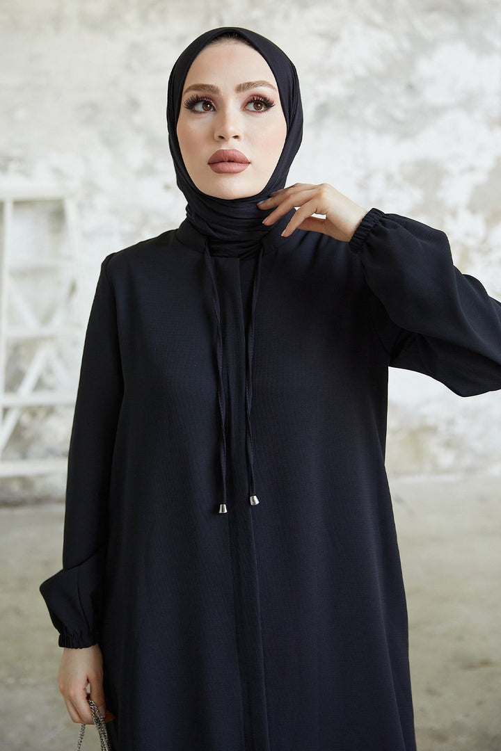 MDS Women Laced Hidden Button Abaya - Black - Goes