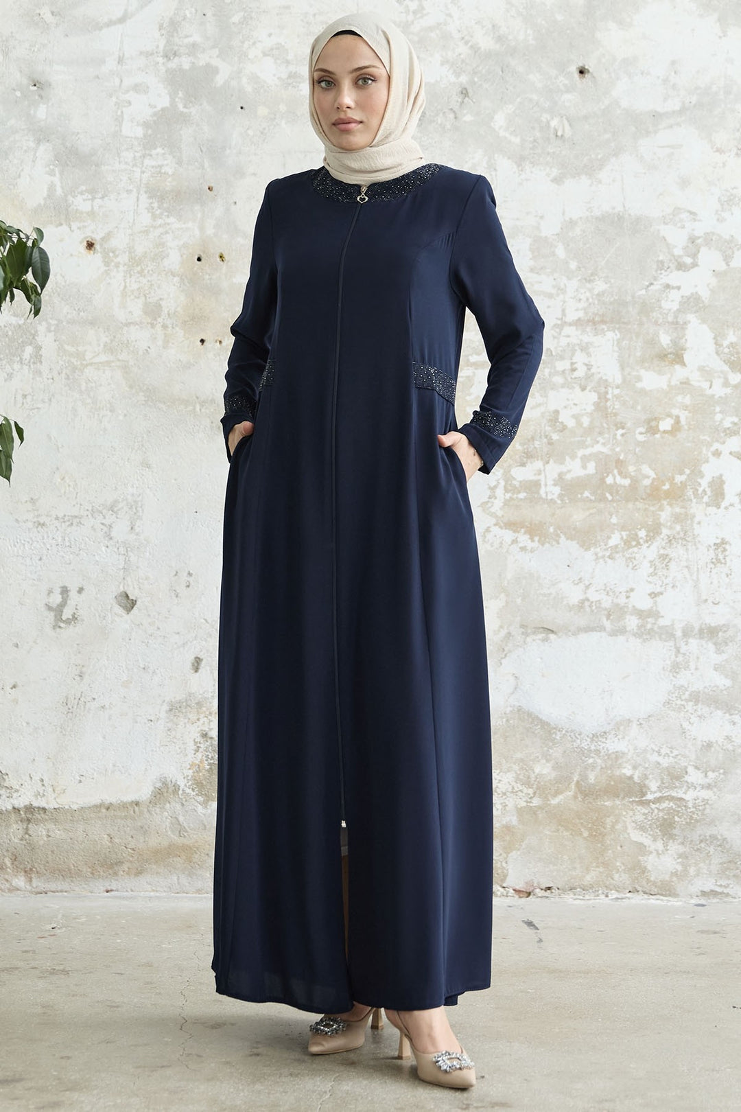 MDS Women Stone-embellished Abaya with Collar and Sleeves - Navy Blue - Herriman
