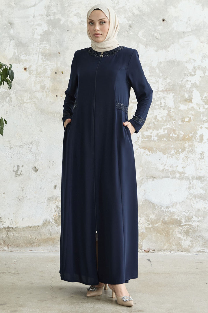 MDS Women Stone-embellished Abaya with Collar and Sleeves - Navy Blue - Herriman