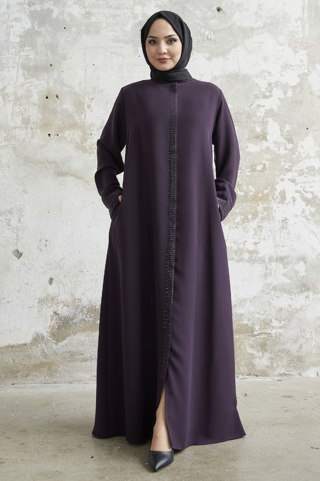 MDS Women Stone Robe Detailed Abaya - Purple - Great Yarmouth