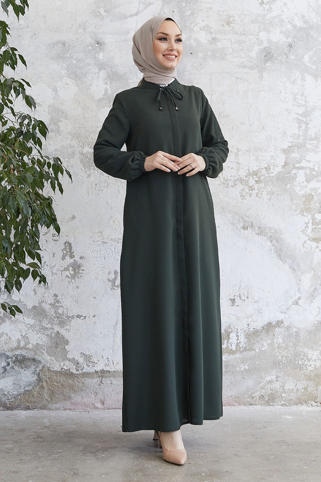 MDS Women Laced Hidden Button Abaya - Khaki - Wilson