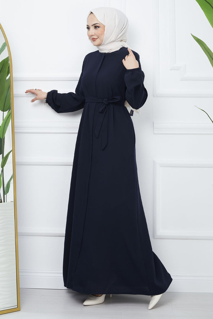 MDS Women Belted Honeycomb Fabric Abaya - Navy - Martinez