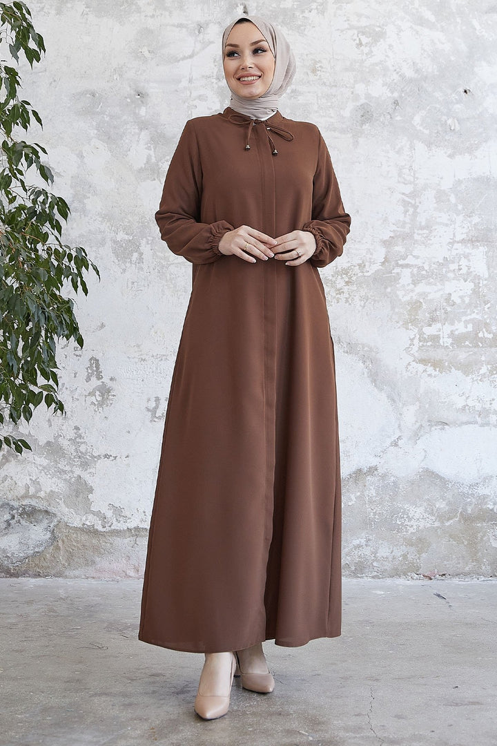 MDS Women Laced Hidden Button Abaya - Tan - Bucharest