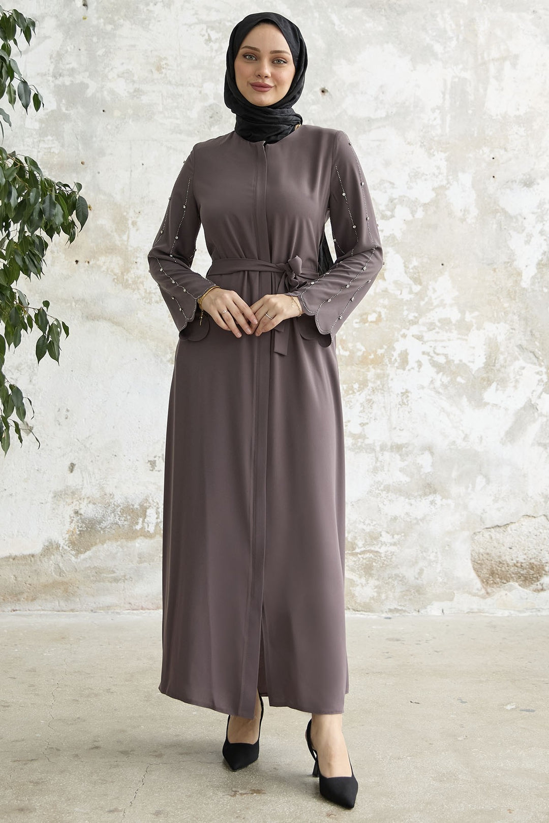 MDS Women Sleeves Stone Processing Abaya - Milky Coffee - Diamond Bar