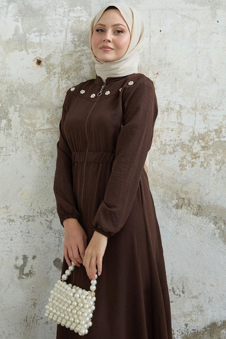 MDS Women Flower Pearl Embroidered Elastic Dark Brown Abaya - Alcira