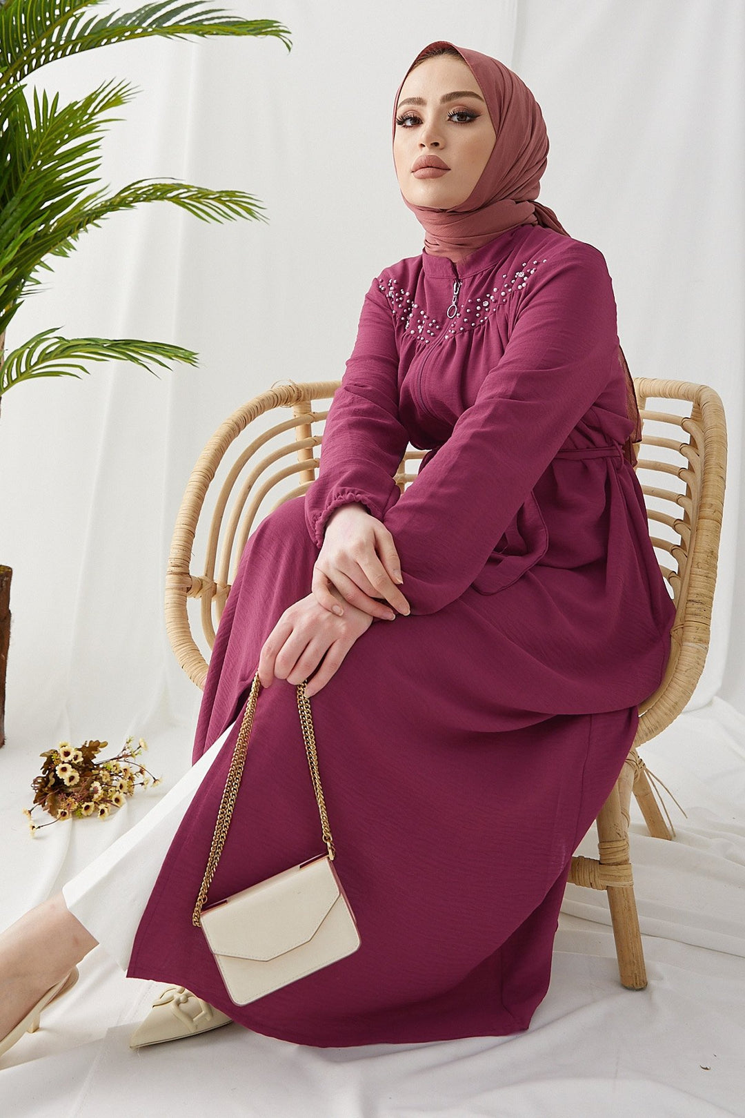 MDS Women Mosa Pearl Detailed Zippered Abaya - Rose Pink - Webster