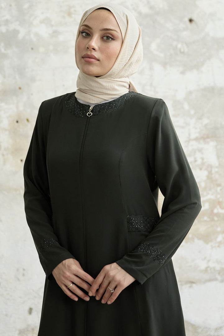 MDS Women Stone-embellished Abaya with Collar and Sleeves - khaki - Bitonto